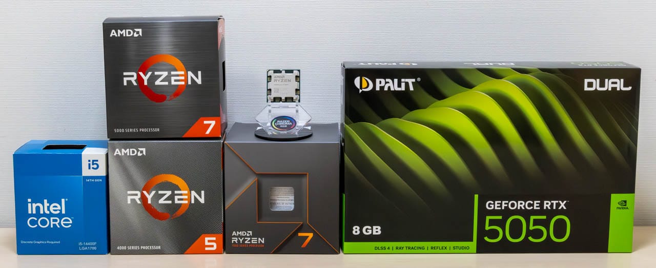 RTX 5050の実機と比較したCPU Ryzen 7 5700X、Ryzen 7 7700、Ryzen 5 7500F、Ryzen 5 4500、Core i5-14400Fの画像